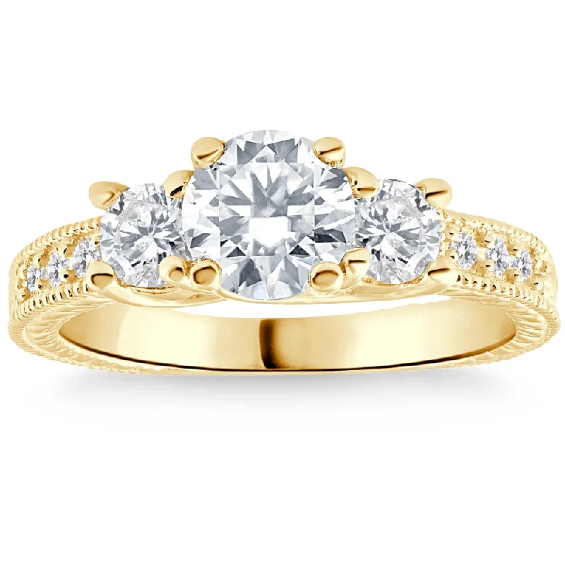 Ladies antique engagement rings-1.80Ct Three Stone Diamond Engagement Ring Vintage Accents 14k Yellow Gold