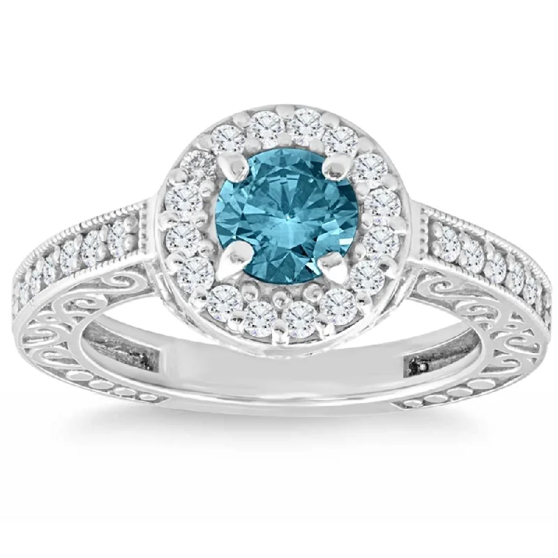 Ladies pear-shaped engagement rings-1Ct Blue & White Diamond Halo Vintage Engagement Ring Lab Grown 14k White Gold