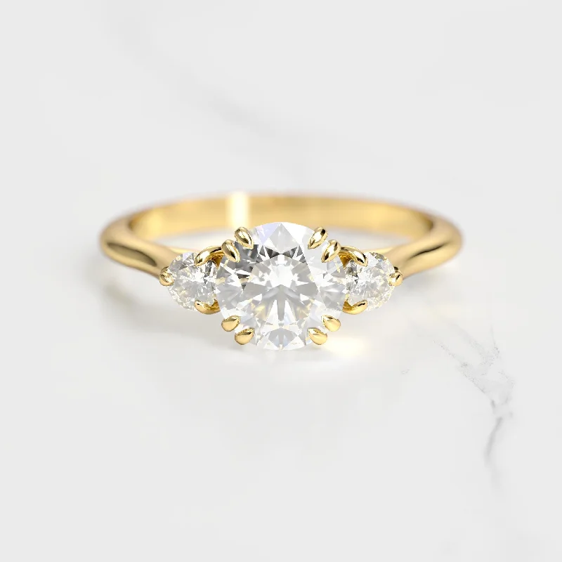 Ladies wedding rings-Round Moissanite Ring With Accent Stones, Three stone ring