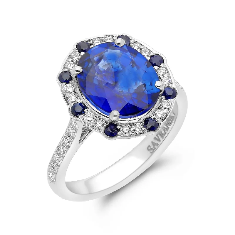 Ladies silver rings-Oval Cut Cultured Blue Sapphire Cathedral Set Birthstone Halo Ring