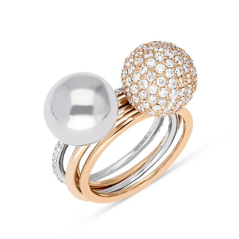 Ladies rings for men and women-Two Tone Rose and White Gold Combo Pave Bauble Ring