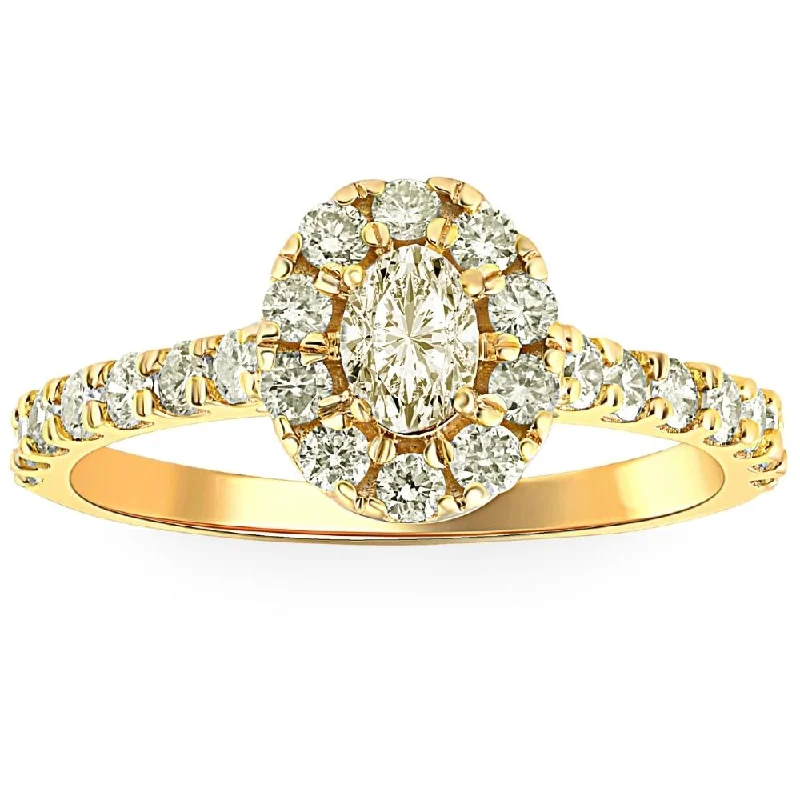 Ladies black diamond engagement rings-1Ct Natural Oval Diamond Halo Engagement Ring in 10k Yellow Gold