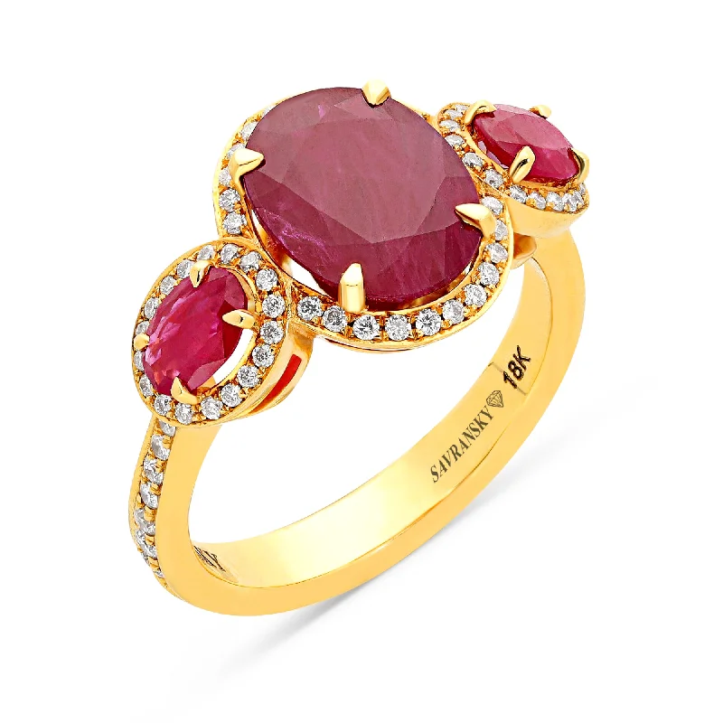 Ladies round cut rings-Oval Cut Natural Ruby Three Stone Birthstone Ring - 4 Carat