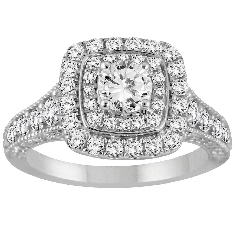 Ladies twisted engagement rings-AGS Certified 1 1/4 Carat TW Diamond Double Halo Engagement Ring in 14K White Gold (J-K Color, I2-I3 Clarity)