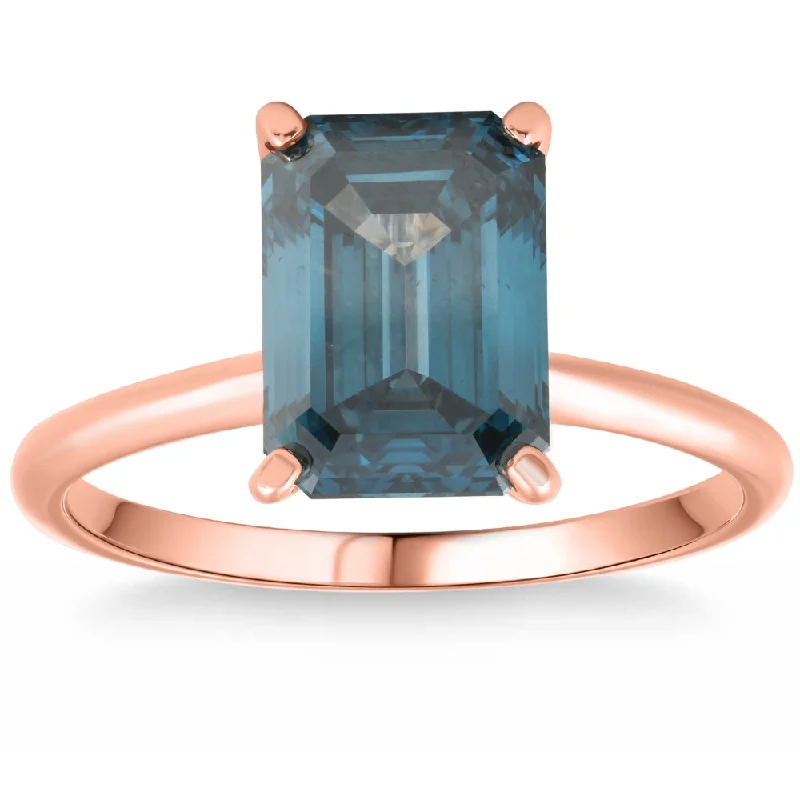 Ladies halo diamond engagement rings-3Ct Blue Diamond Emerald Cut Solitaire Engagement 14k Ring Rose Gold Lab Grown