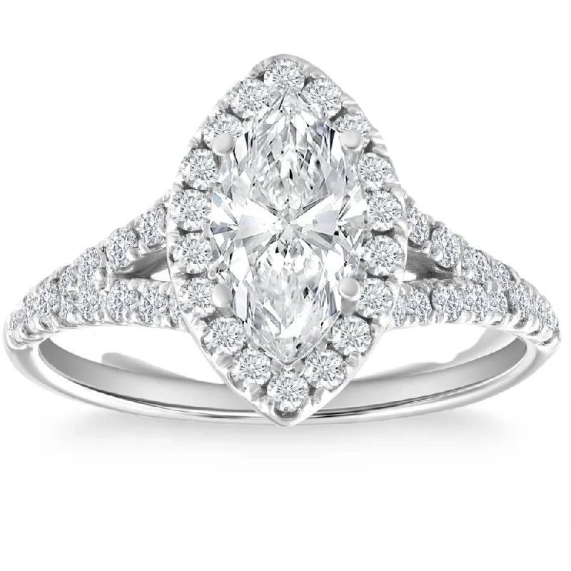 Ladies solitaire engagement rings-1 3/4Ct Marquise Halo Diamond Split Band Engagement Ring 14k White Gold