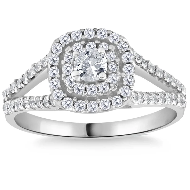 Ladies silver engagement rings-1Ct TW Diamond Double Cushion Halo Engagement Ring in 10k White Gold