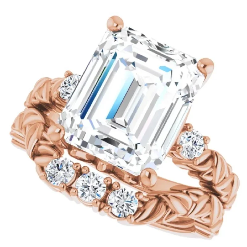 Ladies engagement rings with side stones-5 1/2Ct Diamond & Emerald Cut Moissanite Petite Leaf Engagement Set in Gold