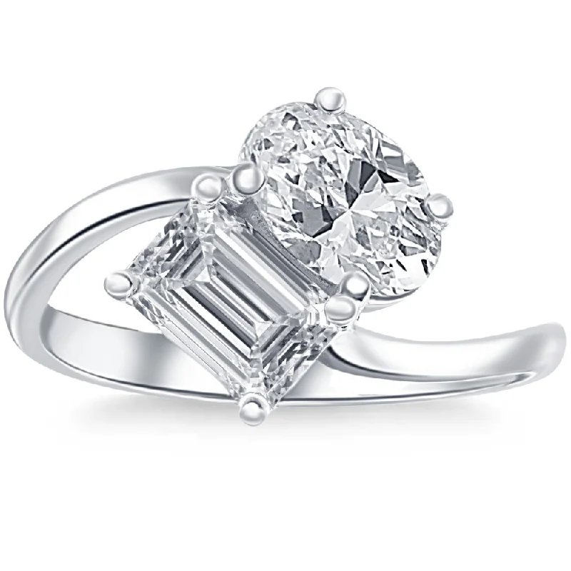 Ladies dual-tone engagement rings-2 1/4Ct TW Toi et Moi Oval And Emerald Cut Engagement Ring White Gold Lab Grown