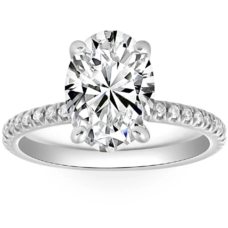 Ladies affordable diamond engagement rings-3 1/2Ct Oval Diamond Engagement Accent Ring 14k White Gold Lab Grown