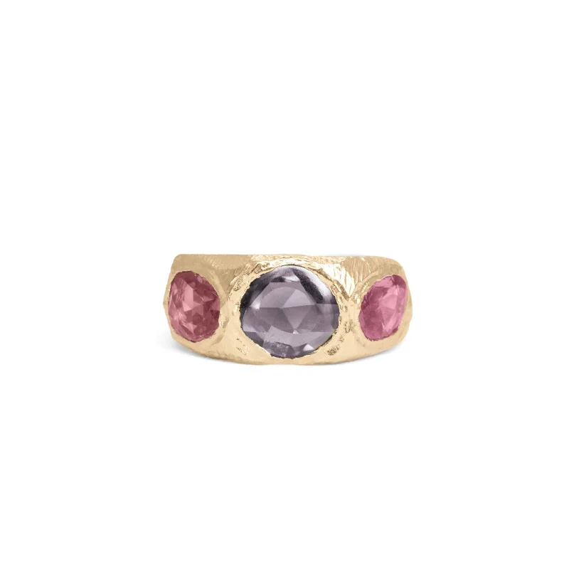 Ladies modern rings with gemstones-18K Three Stone Ring in Purple and Pink Sapphires