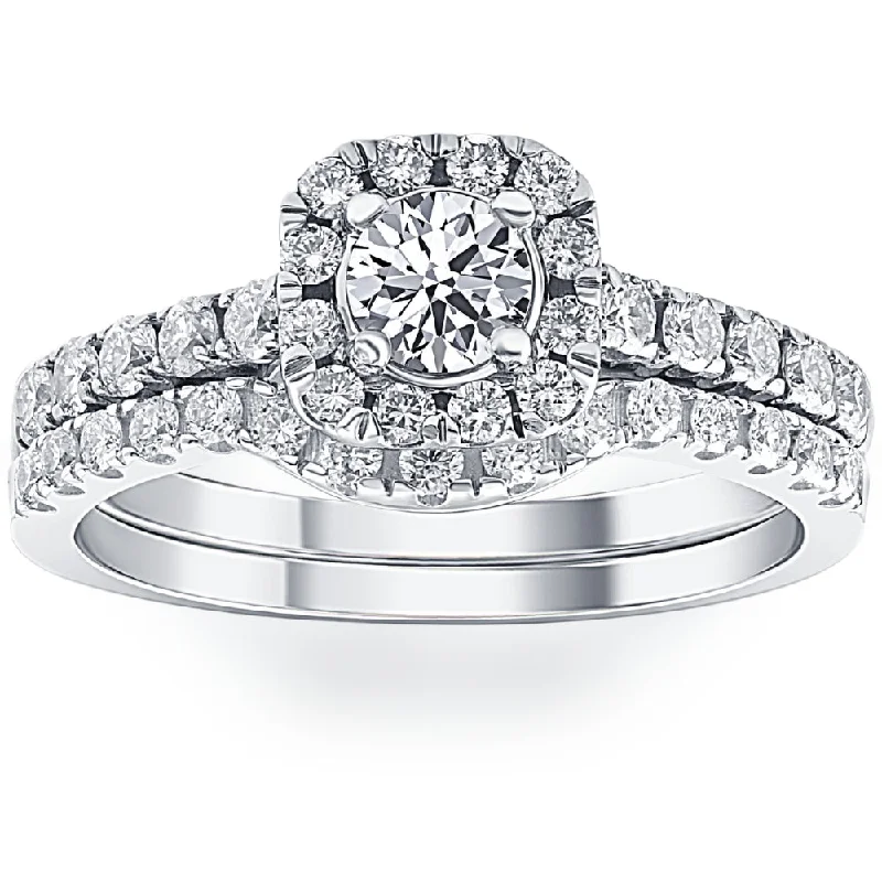 Ladies platinum and diamond engagement rings-3/4Ct Cushion Halo Diamond Engagement Wedding Ring Set White Gold Lab Grown