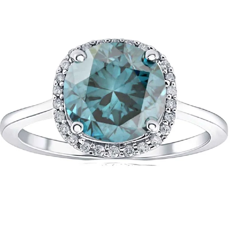 Ladies silver engagement rings-3 1/4Ct Blue Diamond Halo Engagement Ring Lab Grown in 14k White Gold