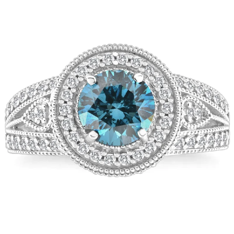 Ladies vintage diamond engagement rings-2 3/4Ct Blue & White Diamond Halo Vintage Engagement Ring 10k White Gold