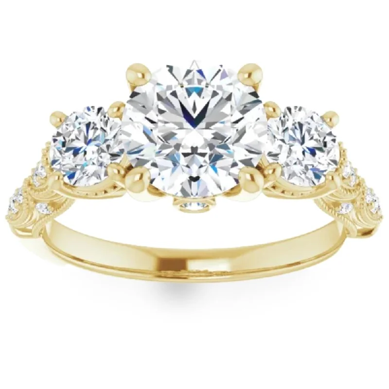 Ladies fancy-cut engagement rings-3Ct Vintage Diamond 3 Stone Engagement Ring Lab Grown in White or Yellow Gold