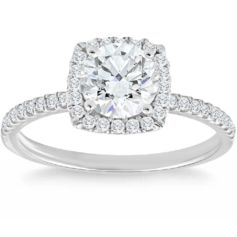 Ladies pear-shaped engagement rings-1 3/4 Ct TW Moissanite & Diamond Cushion Halo Engagement Ring in 14k White Gold