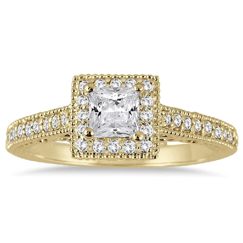 Ladies channel set engagement rings-3/4 Carat TW Princess Antique Deco Diamond Halo Engagement Ring in 14K Yellow Gold