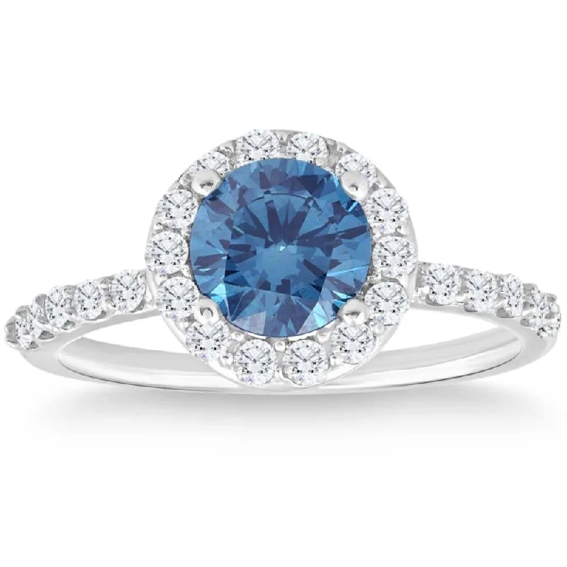 Ladies custom gold engagement rings-2Ct TW Blue & White Diamond Halo Engagement Ring in 14k White Gold