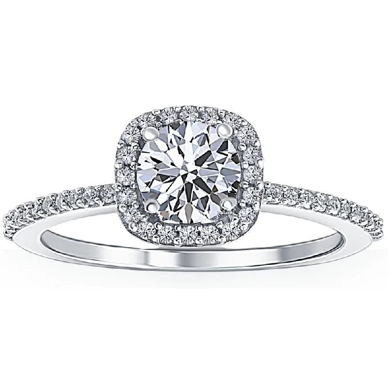 Ladies diamond and gold engagement rings-1 Ct Cushion Halo Diamond Engagement Ring 10k White Gold Lab Grown