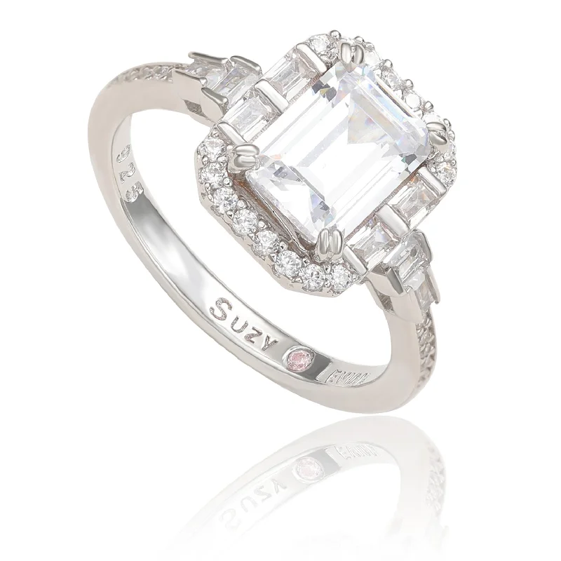 Ladies split shank engagement rings-Suzy Levian Sterling Silver Emerald Cut White Cubic Zirconia Engagement Ring