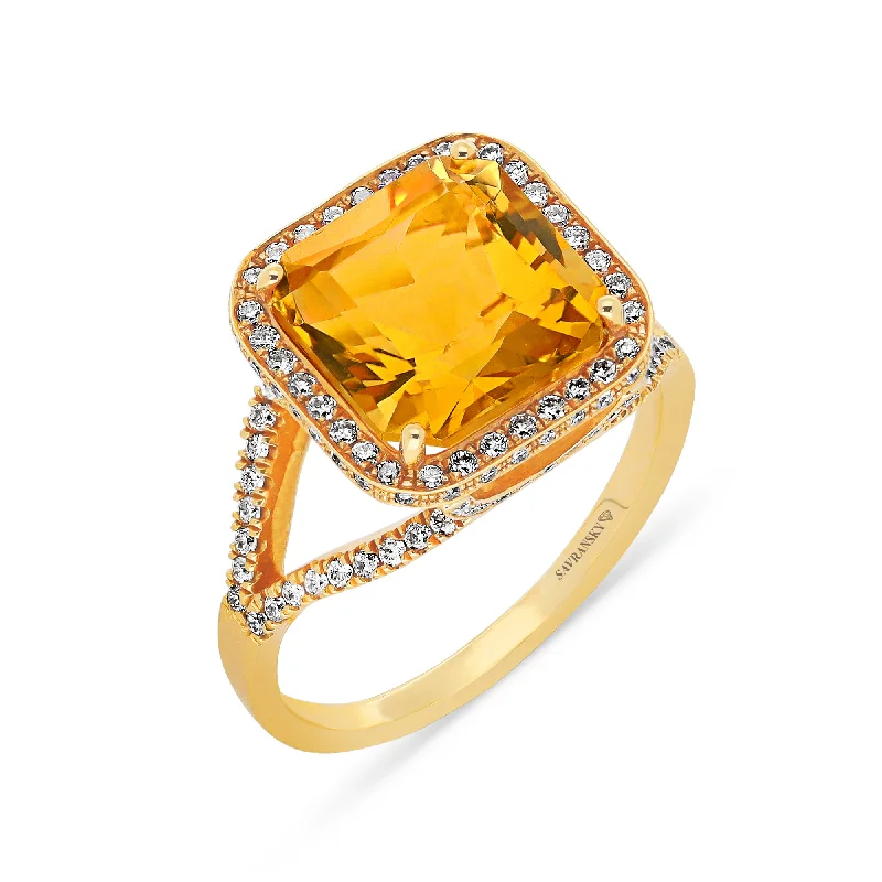 Ladies wide band rings-Cushion Cut Citrine Birthstone Ring