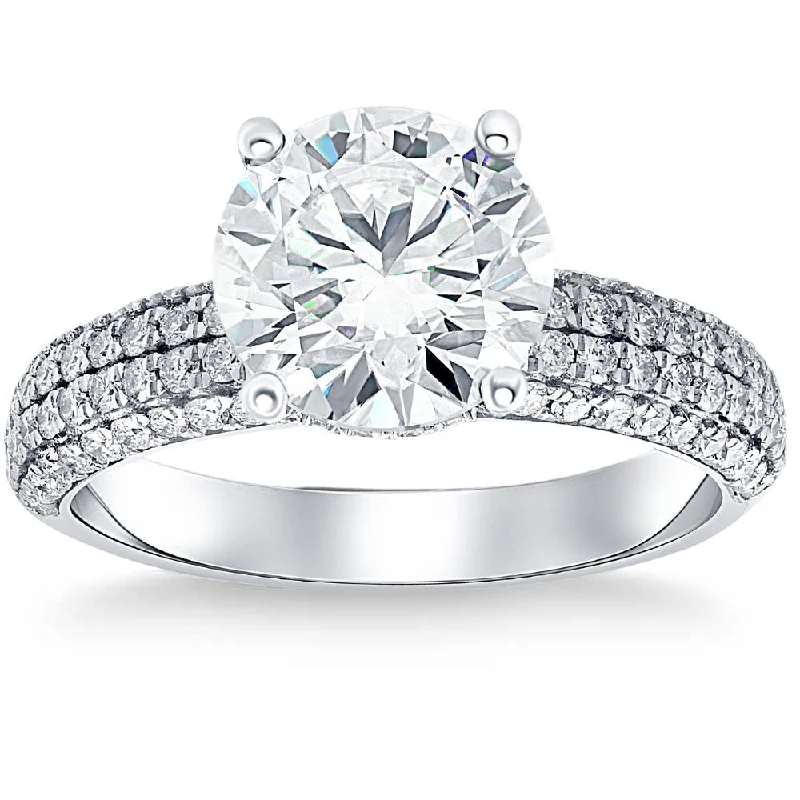 Ladies modern solitaire engagement rings-4 Ct Pave Round Diamond Engagement Ring in White Gold Lab Grown