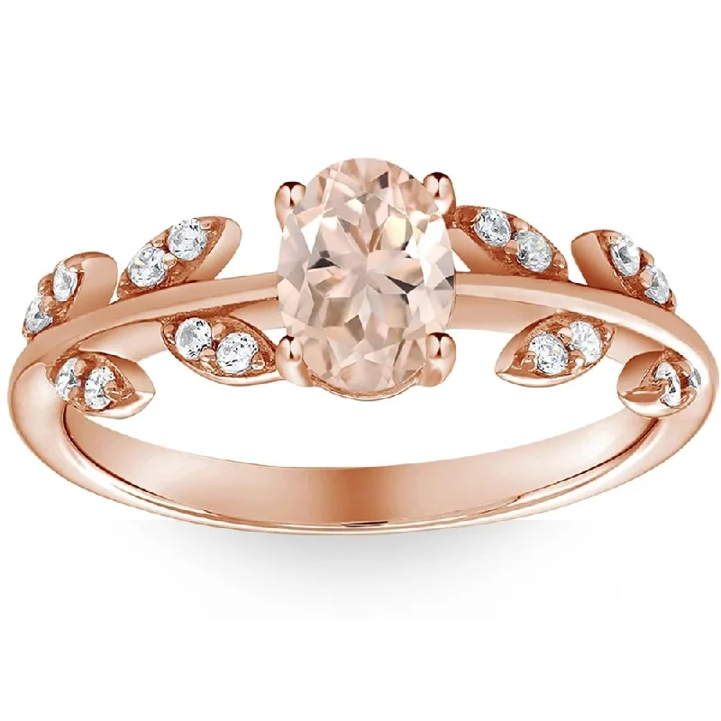 Ladies diamond and gold engagement rings-1 Ct Oval Morganite & Diamond Vine Engagement Anniversary Ring in 14k Rose Gold