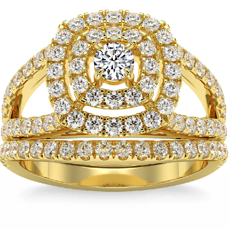 Ladies vintage-inspired engagement rings-1 3/4Ct Natural Diamond Cushion Halo Engagement Wedding Ring Set in 10k Gold