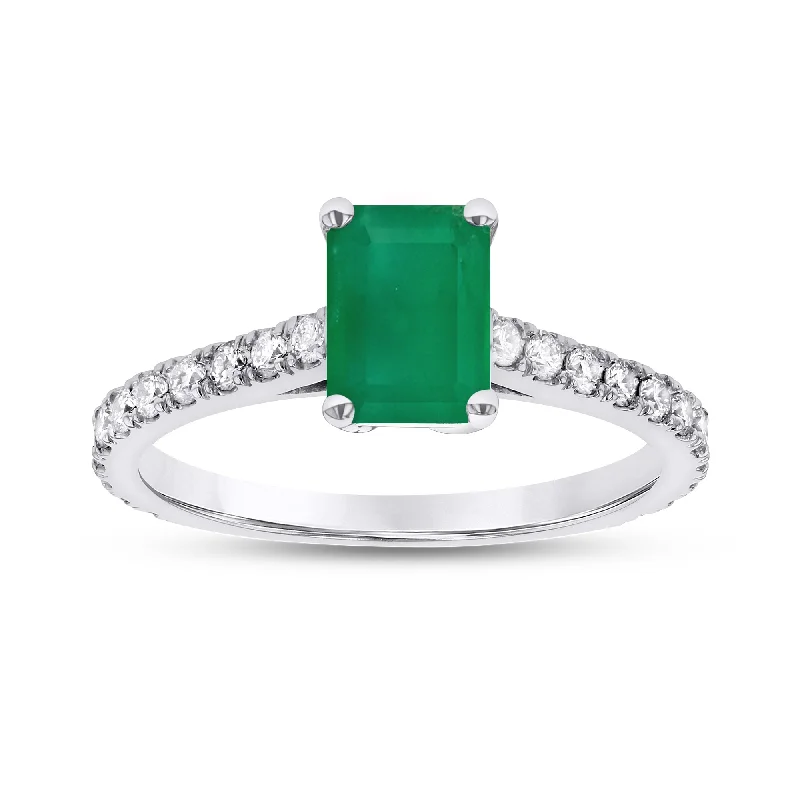 Ladies double band engagement rings-0.36ctw Diamond and Emerald Cut Emerald Engagement Ring in 14k White Gold