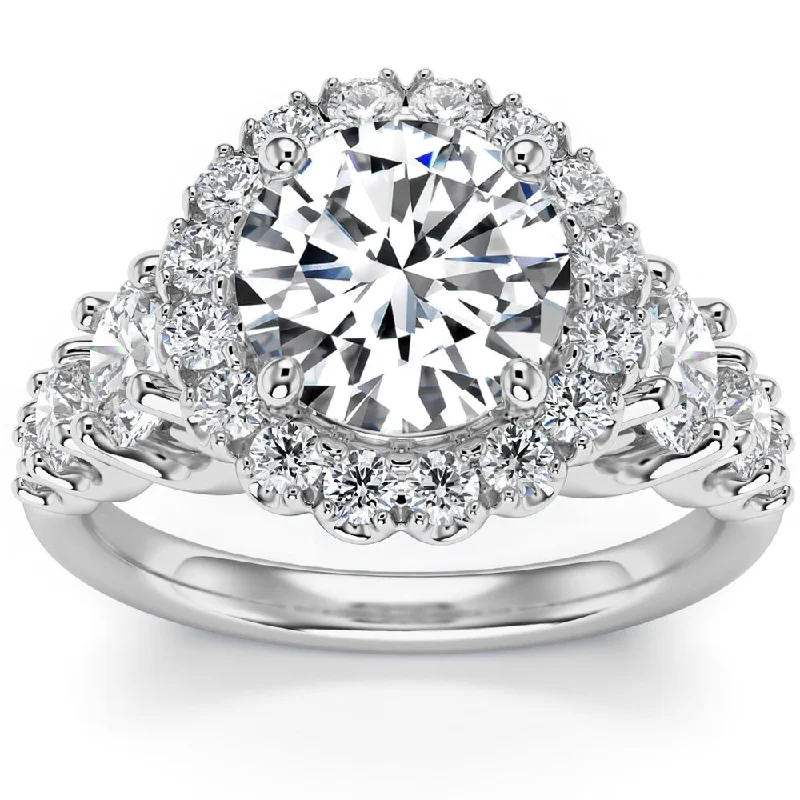 Ladies forever-one engagement rings-5Ct Halo Round Brilliant Cut Diamond Engagement Ring Lab Grown in 14k Gold