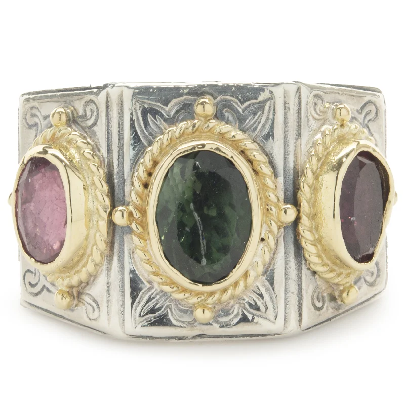 Ladies engagement rings with colored stones-Konstantino Sterling Silver & 18 Karat Yellow Gold Multi Colored Tourmaline Ring