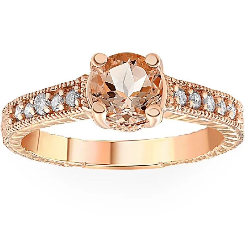 Ladies modern engagement rings-1 Ct Morganite & Diamond Vintage Engagement Ring in 14k Rose Gold