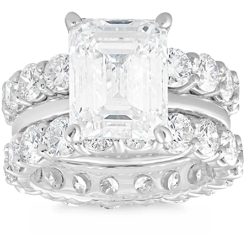 Ladies engagement rings with colored diamonds-11Ct Emerald Cut Moissanite & Lab Grown Diamond Engagement Eternity 14k Ring Set