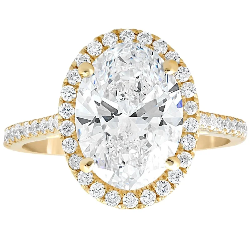 Ladies solitaire diamond engagement rings-3 1/2Ct Oval Moissanite & Diamond Halo Engagement Ring 14k Yellow Gold