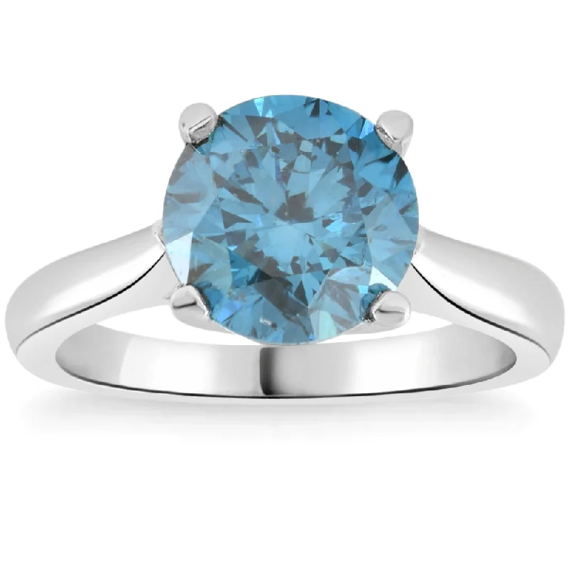 Ladies diamond engagement rings with accents-2 Ct Round Blue Diamond Solitaire Engagement Ring 14k White Gold Lab Grown