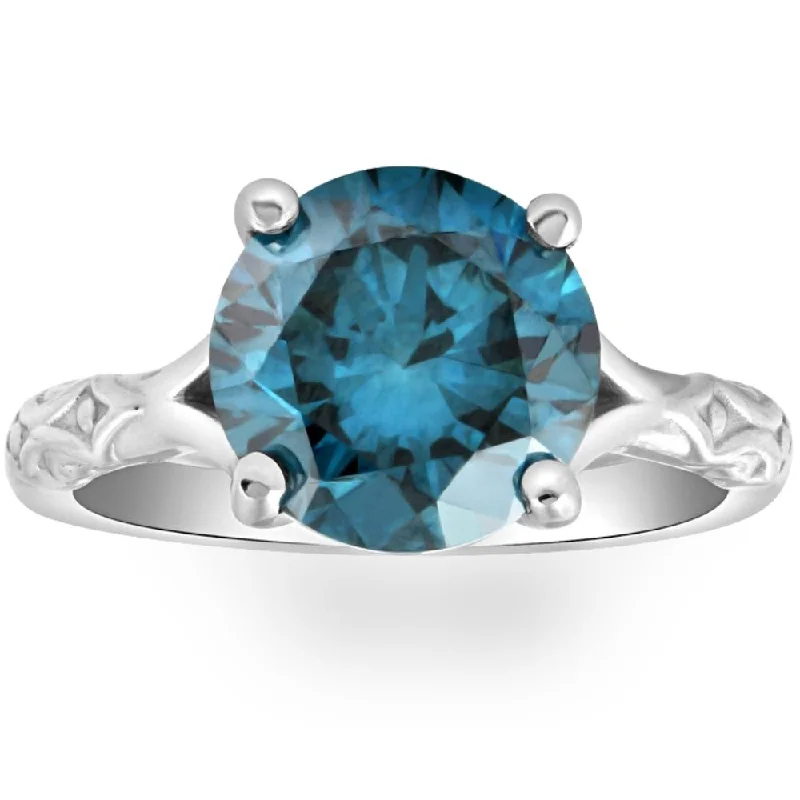 Ladies personalized engagement rings-3Ct Blue Diamond Solitaire Vintage Engagement Ring Lab Grown in 10k White Gold