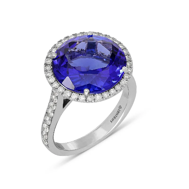 Ladies ruby rings-Blue Tanzanite Halo Birthstone Ring