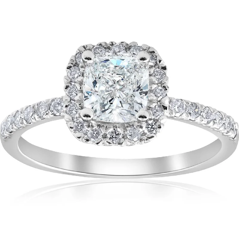 Ladies white gold solitaire engagement rings-VS 1 1/2Ct TW Cushion Diamond Halo Engagement Ring 14k White Gold Lab Grownj