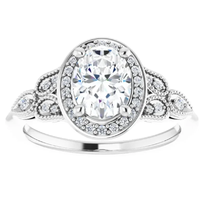 Ladies vintage engagement rings-1 1/3 Ct Oval Diamond Vintage Halo Engagement Ring 14k White Gold Lab Grown