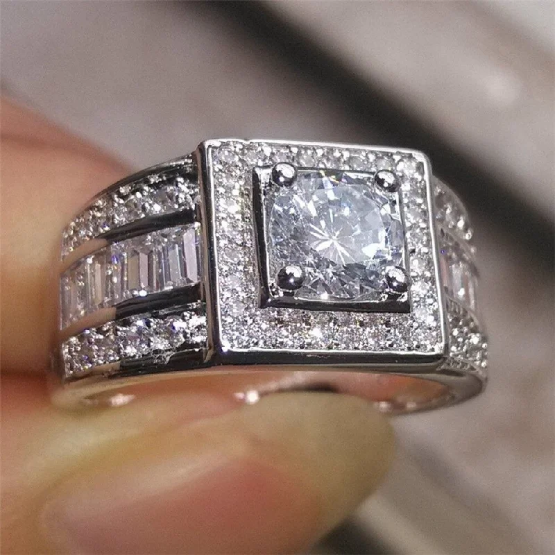 Ladies cushion cut engagement rings-Fashion Men Rhinestone Wedding Engagement Finger Ring Party Decor Jewelry Gift - Silver