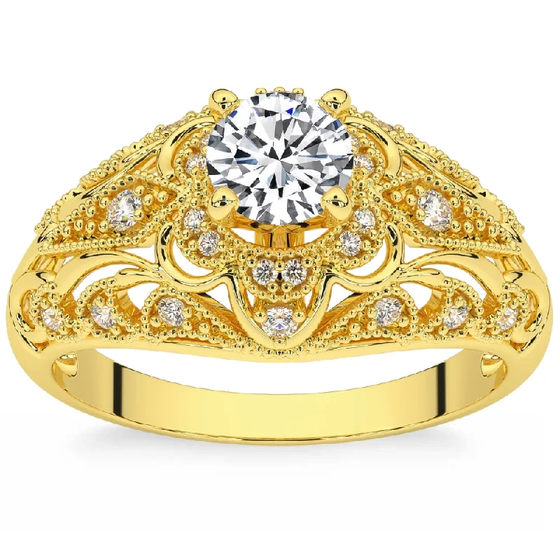 Ladies halo diamond engagement rings-1 1/2Ct Diamond Vintage Engagement Ring 14k Gold Lab Grown