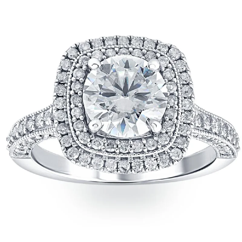 Ladies fancy-cut engagement rings-3Ct Diamond & Moissanite Cushion Halo Engagement Ring in White or Yellow Gold