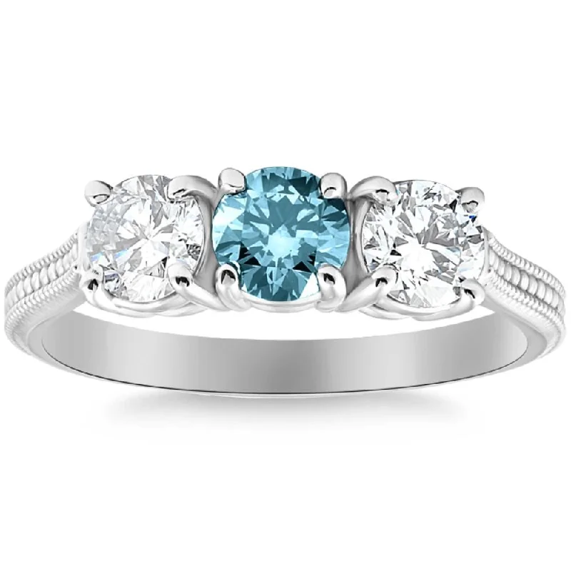 Ladies antique engagement rings-1 1/2Ct Blue Diamond Three Stone Vintage Accent Engagement Ring in 10k Gold