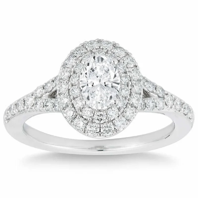 Ladies gold engagement rings-1 Ct Lab Grown Oval Diamond Halo Engagement Ring 14k White Gold