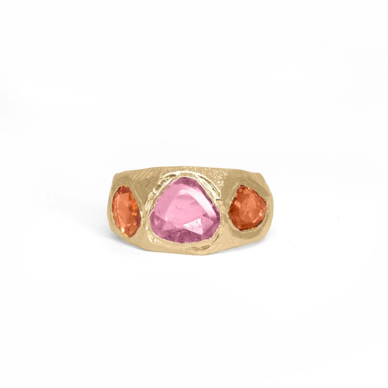 Ladies antique engagement rings-18K Three Stone Ring in Pink and Orange Sapphire