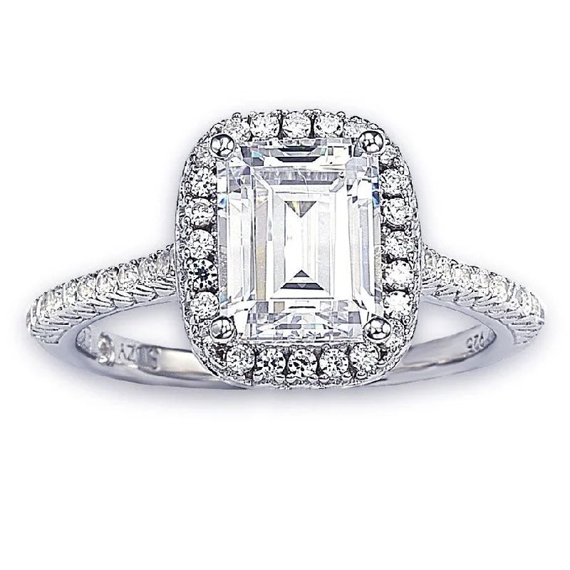 Ladies halo engagement rings-Suzy Levian Bridal Sterling Silver Asscher-cut White Cubic Zirconia Halo Engagement Ring