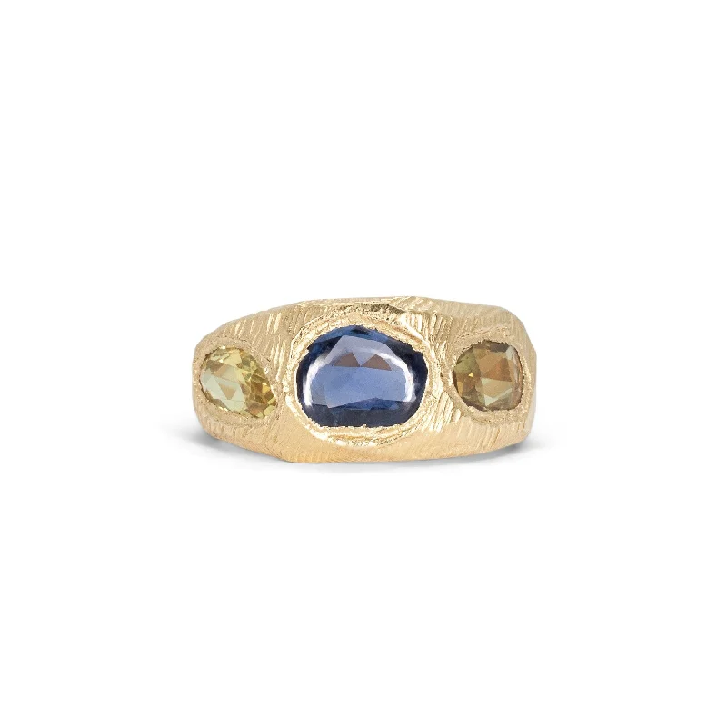 Ladies silver wedding rings-18K Three Stone Ring in Dark Blue and Yellow Sapphire