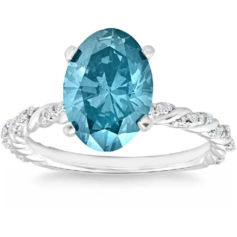 Ladies sapphire engagement rings-3 1/10Cttw Oval Blue Diamond Engagement Ring 14k White Gold Lab Grown