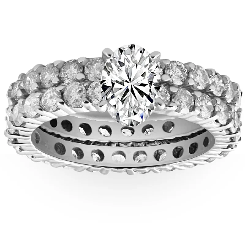 Ladies black diamond engagement rings-4Ct Oval Diamond Eternity Engagement Wedding Ring Set 10k White Gold Lab Grown