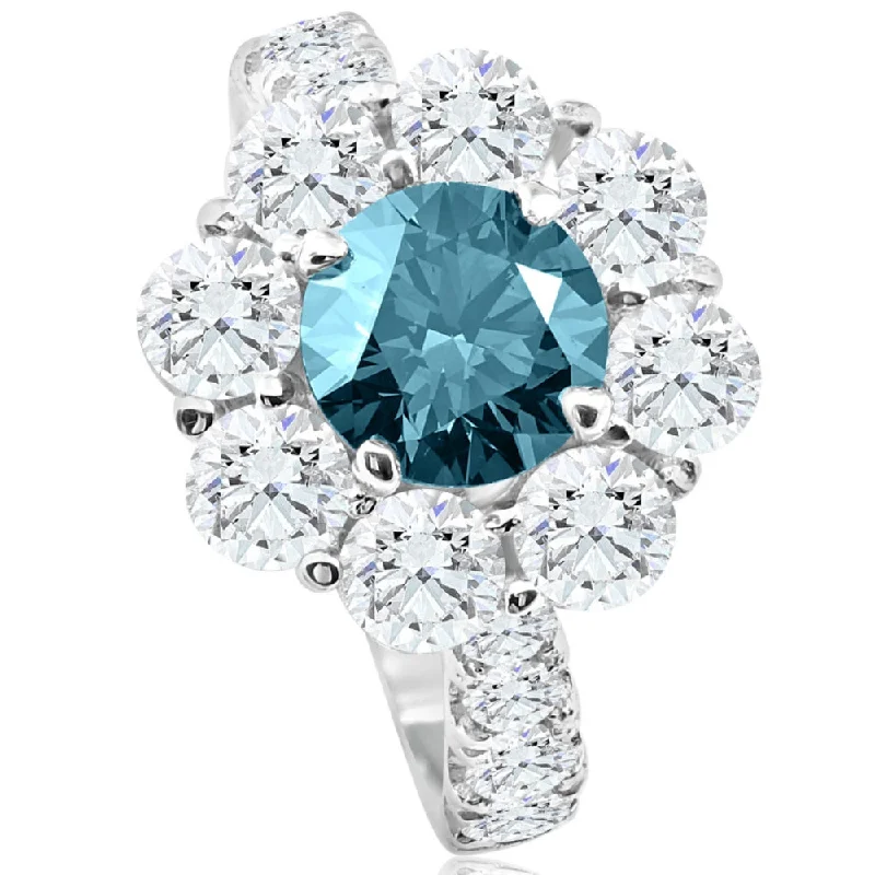 Ladies elegant halo engagement rings-3 1/2Ct TW Blue & White Diamond Halo Engagement Ring 14k White Gold Lab Grown